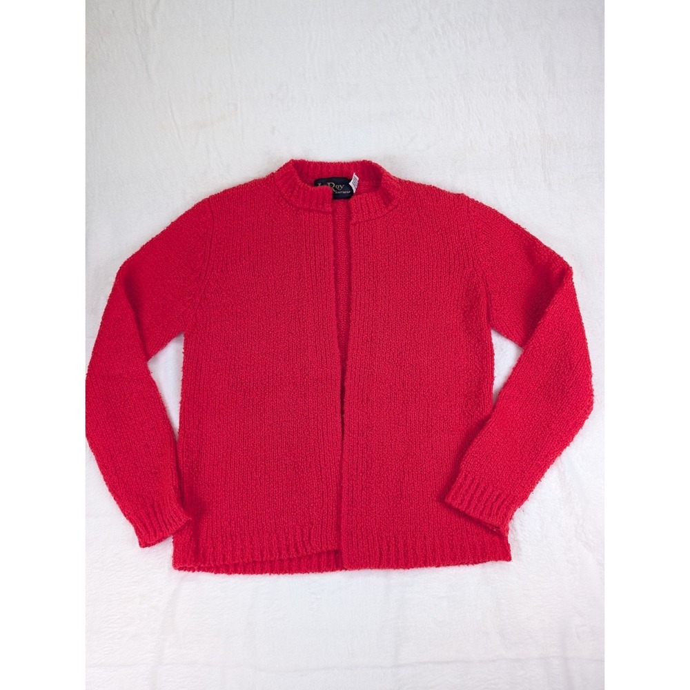 Vintage LeRoy Knitwear Open Cardigan Sweater Women Large Neon Red 60s 70s Granny